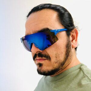 Men Sunglasses Blue Mirror Single One Piece Lens Oversize Wrap Around Lentes New